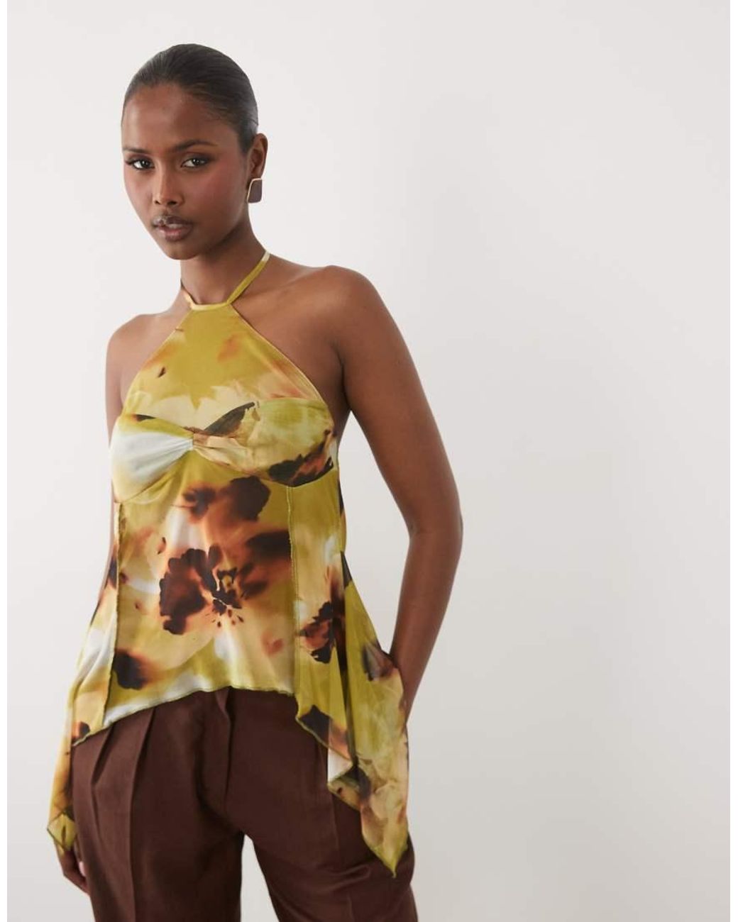 ASOS Multicolor Printed Mesh Asymmetric Hem Floaty Halter Top