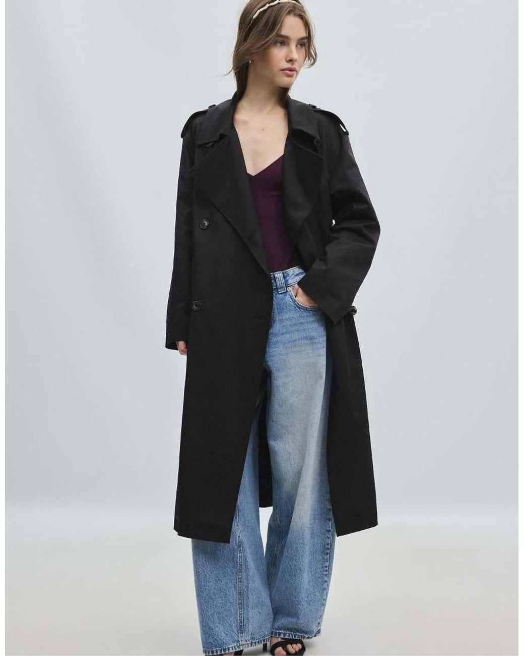 Stradivarius Black Long Basic Trench Coat