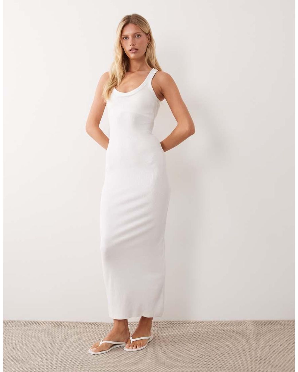 ASOS White Rib Scoop Neck With Bra Cup Midi Dress