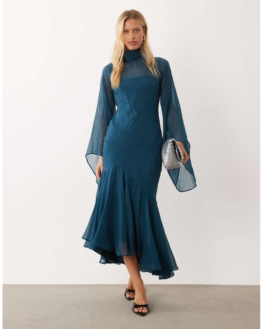 ASOS Blue Flute Sleeve Maxi Dress With Asymmetric Ruffle Hem