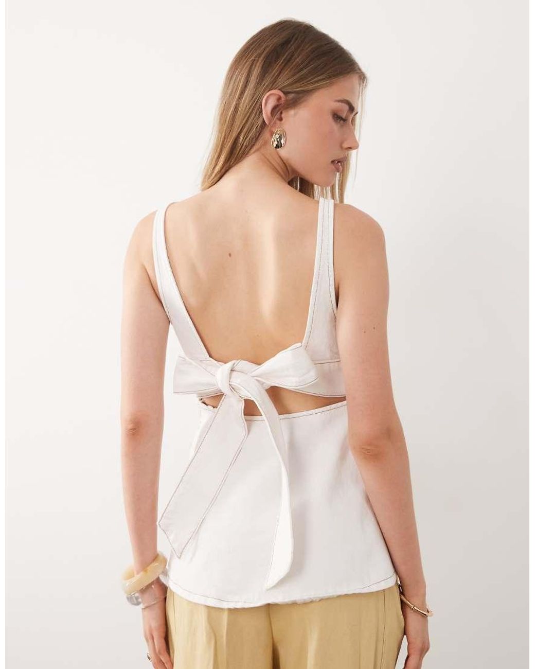 ASOS Natural Denim Peplum Top With Bow Back Detail
