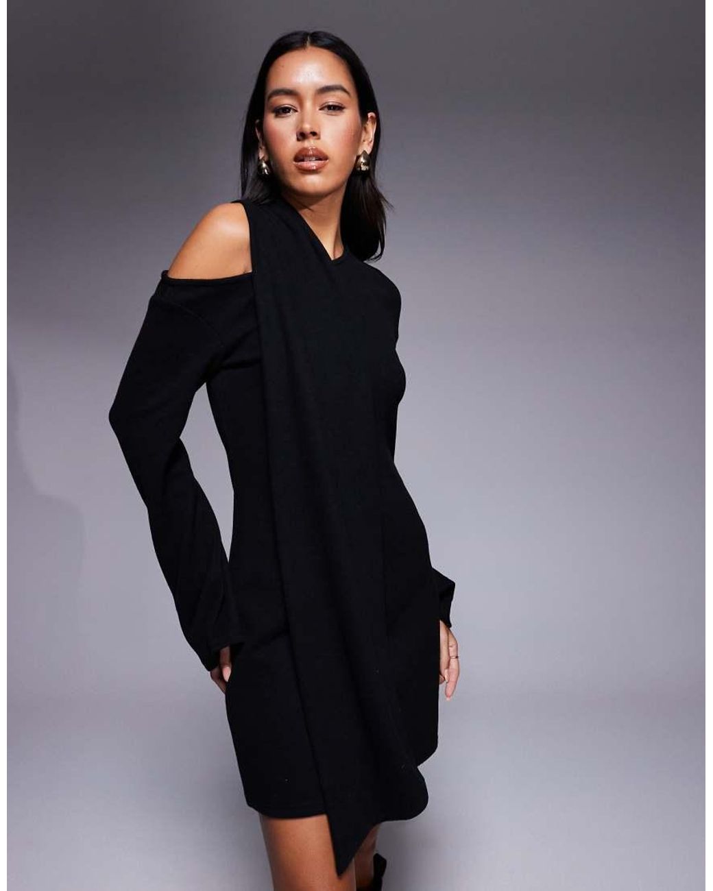 ASOS Black Supersoft Slash Neck Scarf Detail Mini Dress