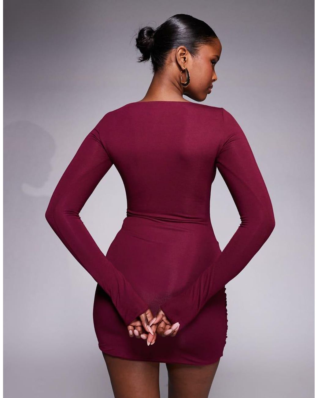 Oh Polly Purple Slinky Boat Neck Long Sleeve Ruched Skirt Mini Dress