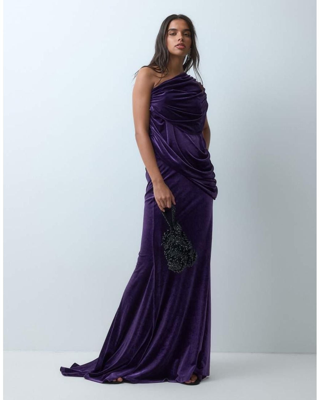 ASOS Purple Velvet Off Shoulder Wrap Bodice Detail Maxi Dress With Train