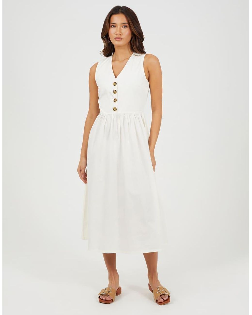 Brave Soul White Sleeveless V-Neck Button Down Midi Dress