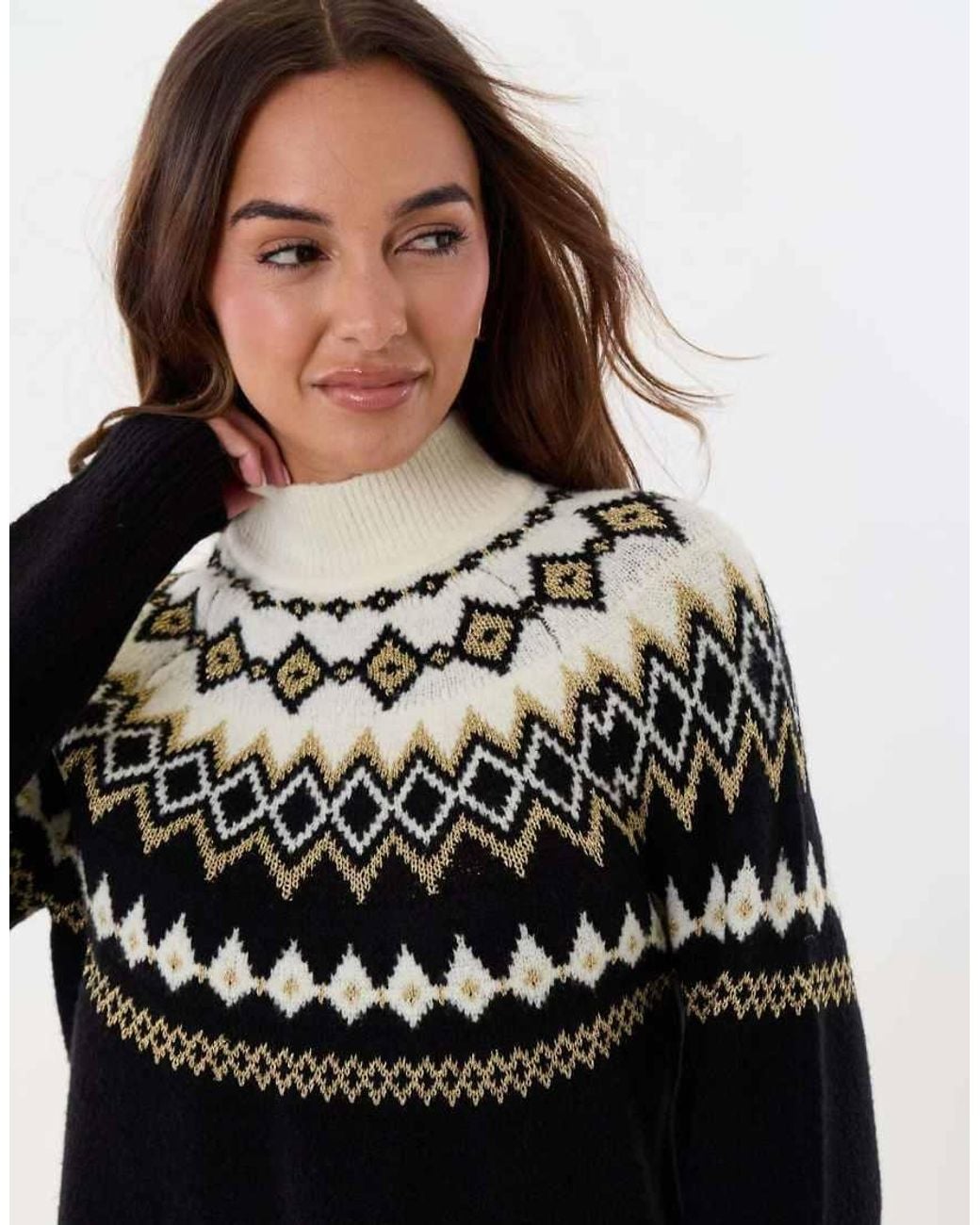 Threadbare Brown Fairisle Funnel Neck Christmas Jumper