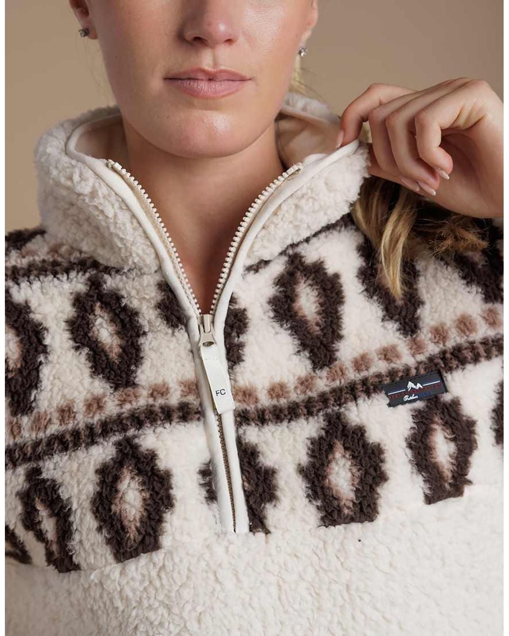French Connection Natural Fairisle Borg High Neck 1/2 Zip Fleece Pullover