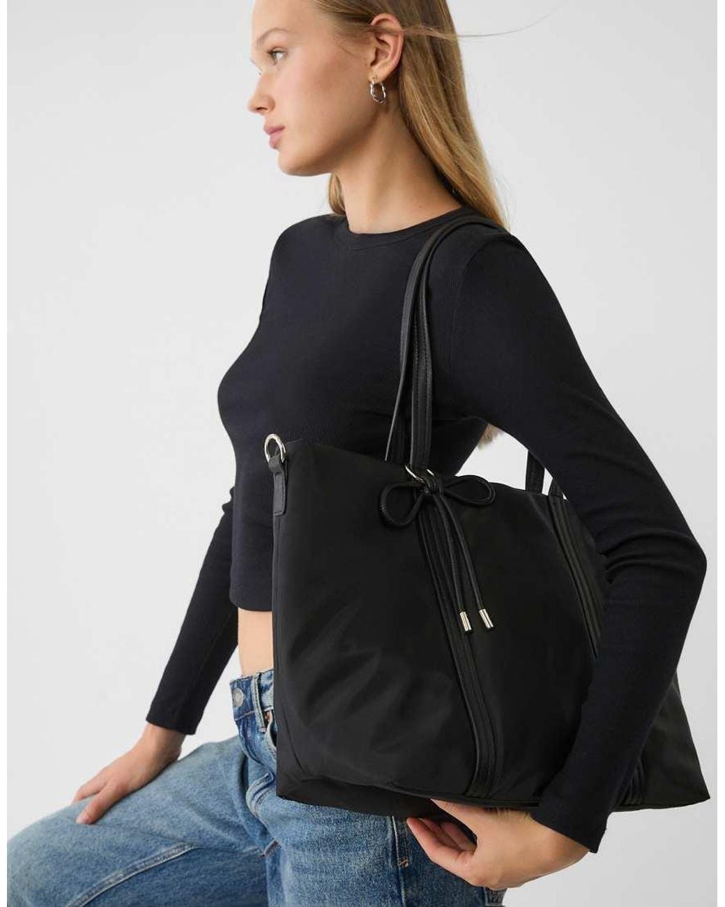 Stradivarius Black Fabric Shopper Bag With Bow Detail