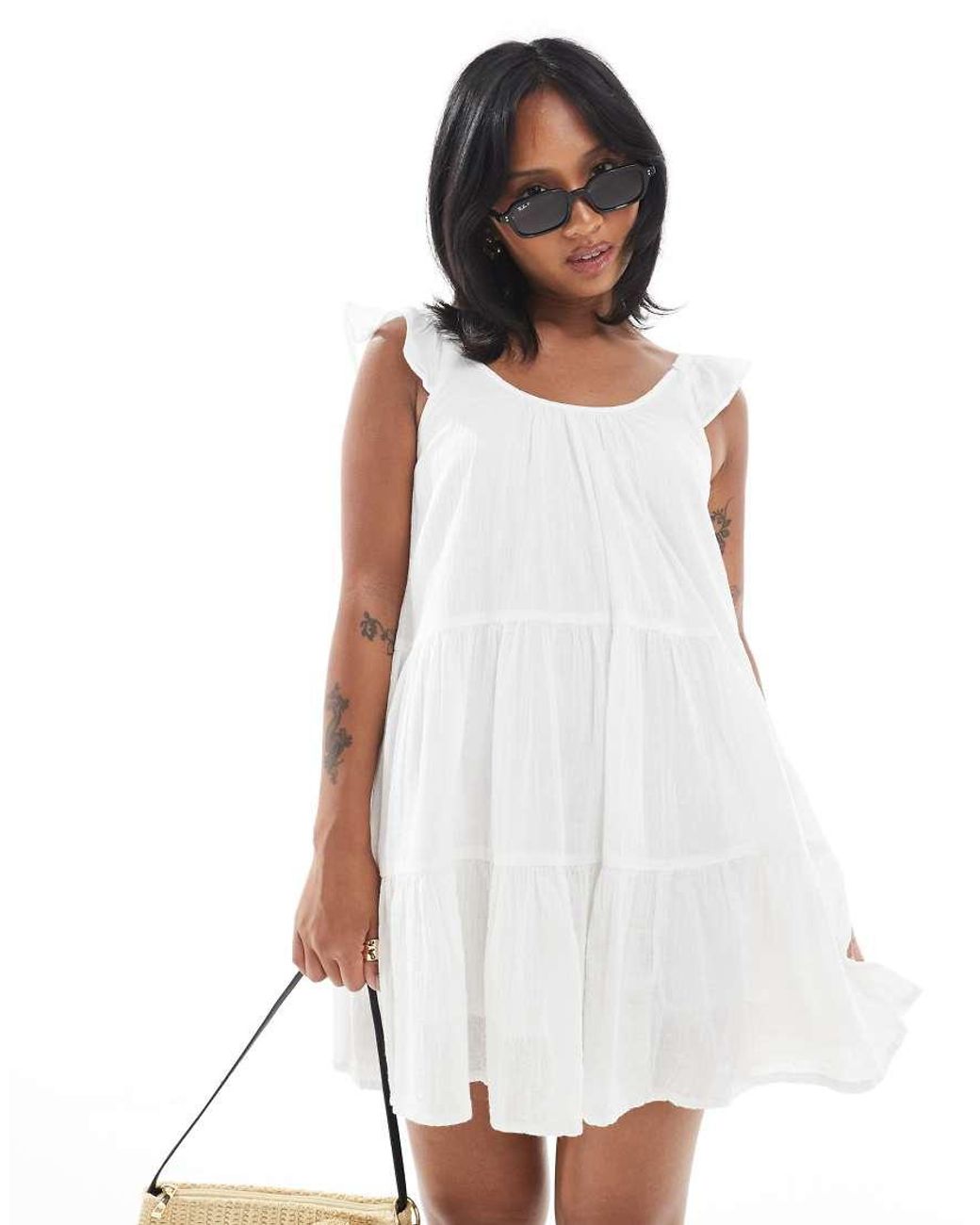 Only Petite White Scoop Neck Cheesecloth Tiered Mini Dress