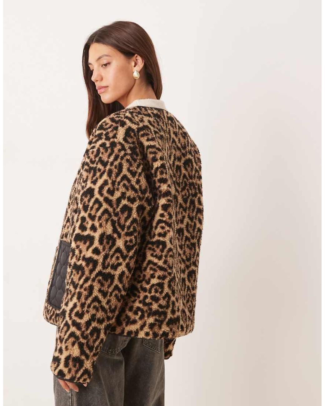 ASOS Natural Leopard Borg Fleece Jacket With Quilted Nylon Detail
