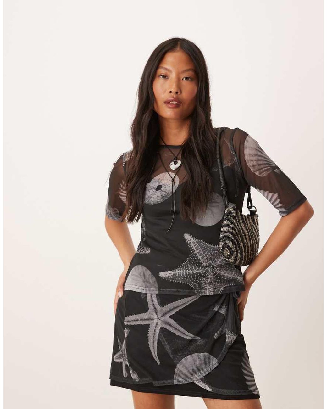 Never Fully Dressed Black Petite Seashell Print Mesh T-shirt