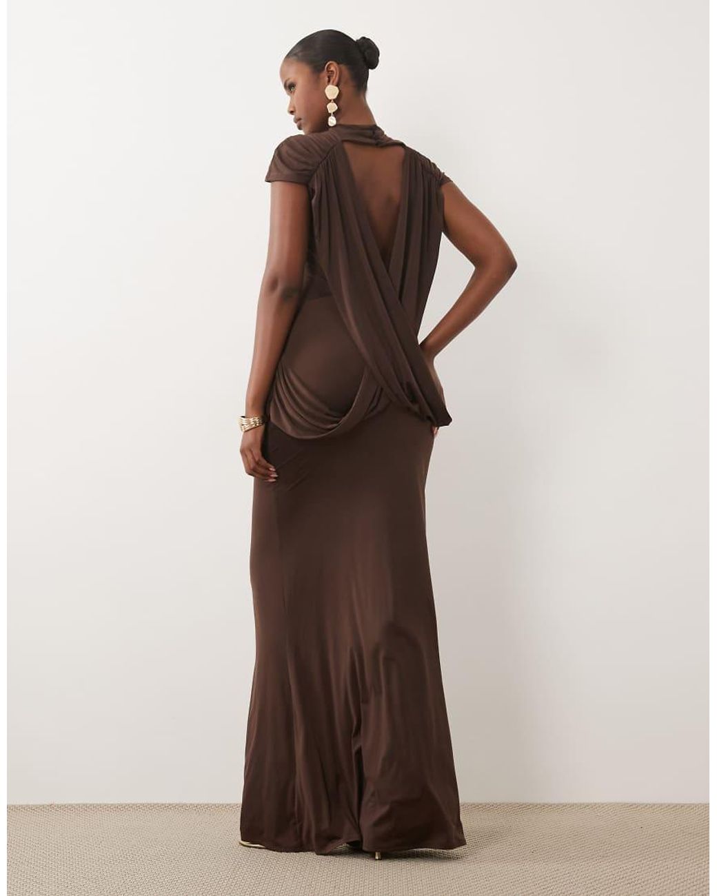 ASOS Brown High Neck Floor Length Maxi Dress With Draped Bodice