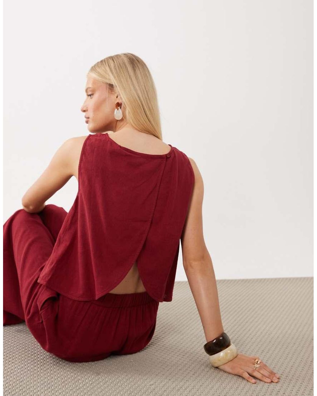 Nobody's Child Red Tulip Linen Blend Boat Neck Wrap Back Detail Top