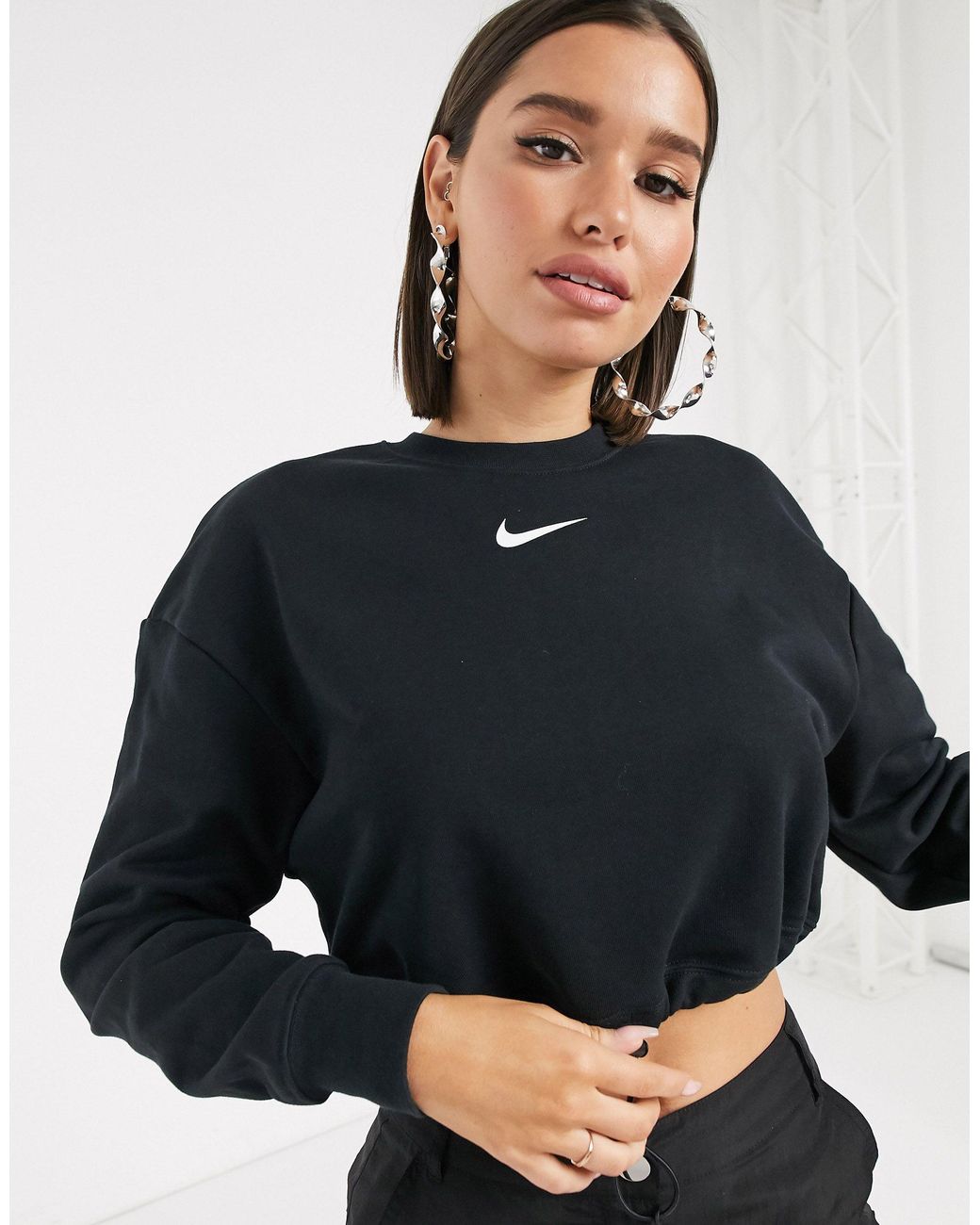 Nike Elastic Drawcord Cropped Mini Swoosh Sweatshirt in Black | Lyst