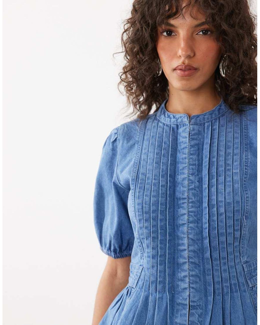 Nobody's Child Blue Tillie Cotton Denim Crew Neck Pleat Front Hook And Eye Peplum Top