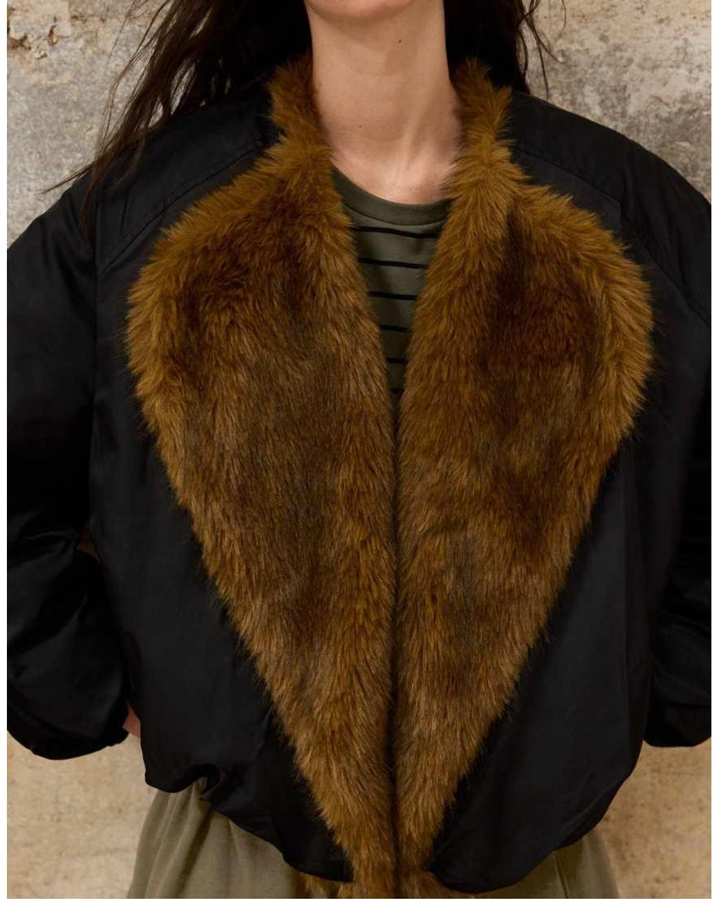 Stradivarius Brown Faux Fur Lapel Bomber Jacket
