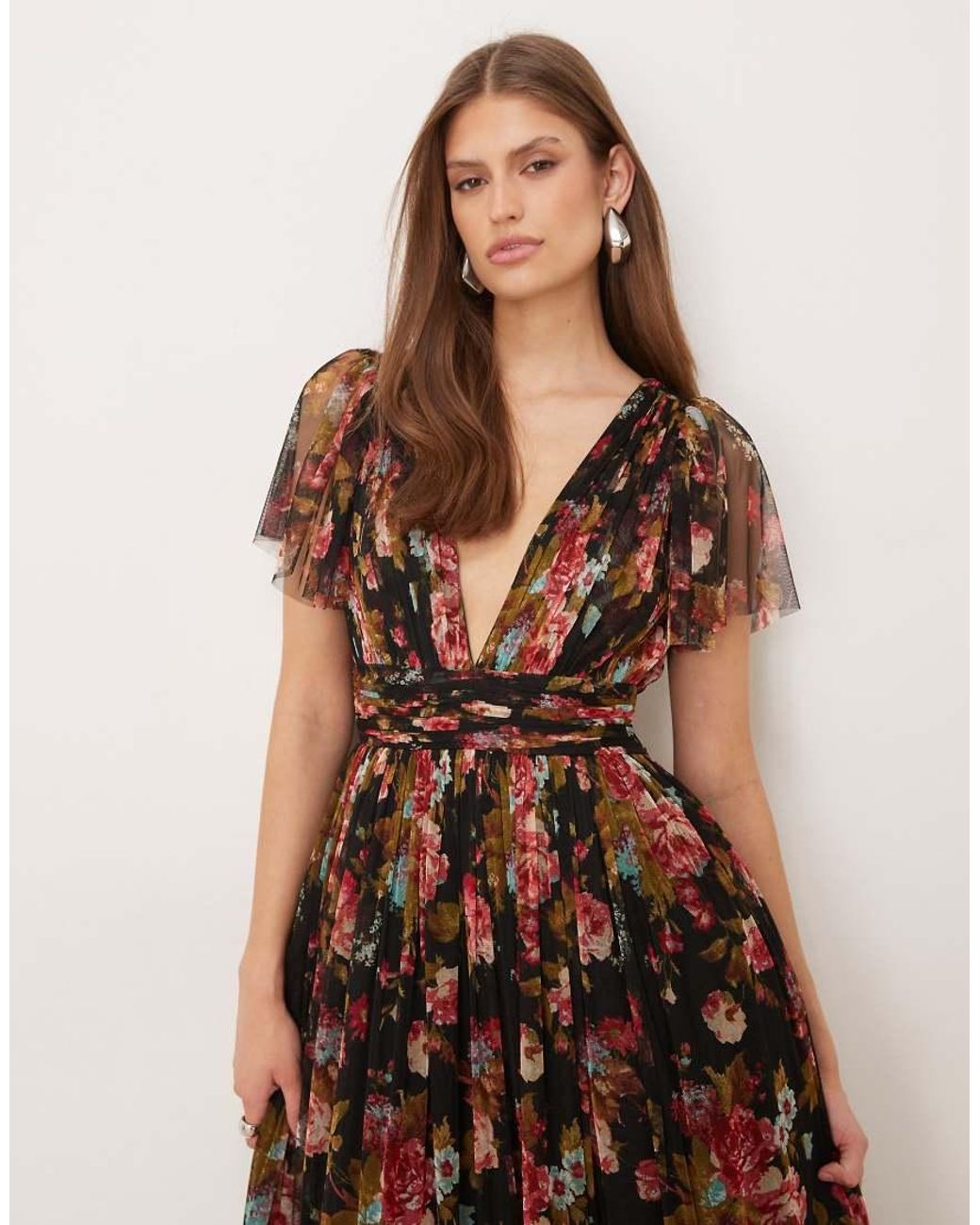 LACE & BEADS Brown Tulle Flutter Sleeve Deep V Maxi Dress