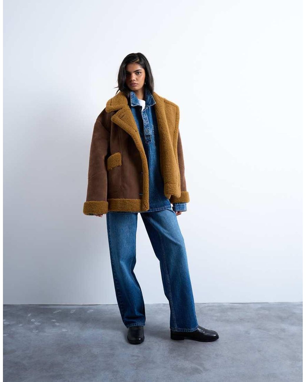 TOPSHOP Brown Faux Shearling Oversized Car Coat