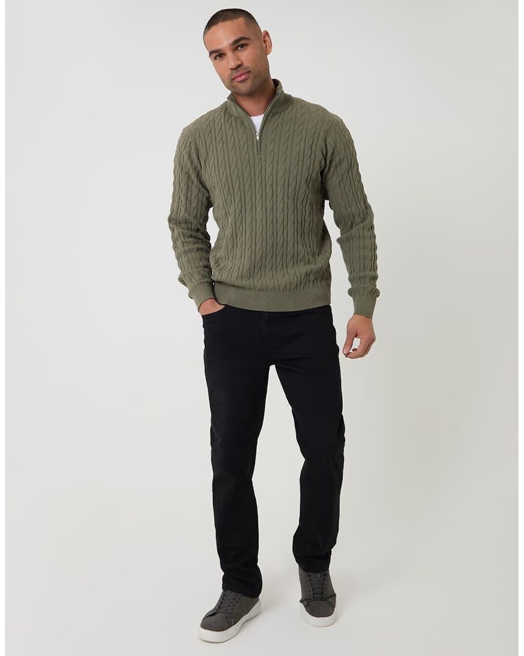 Threadbare Green Cable Knit Quarter Zip Jumper for men