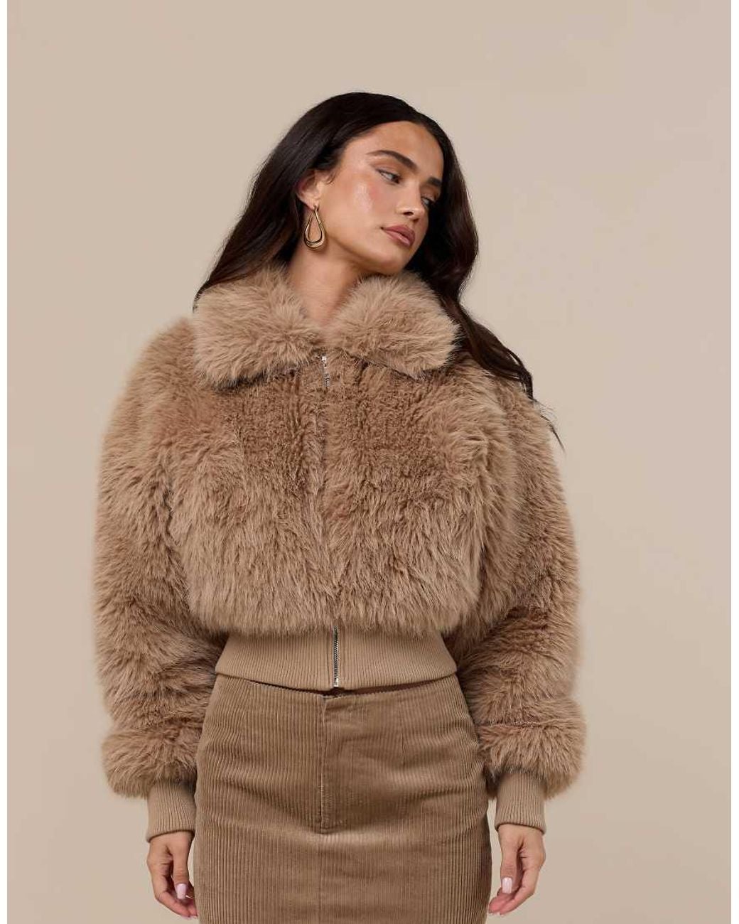 Wanderdoll Brown Tatiana Faux Fur Oversized Collar Zip Through Fitted Waist Jacket