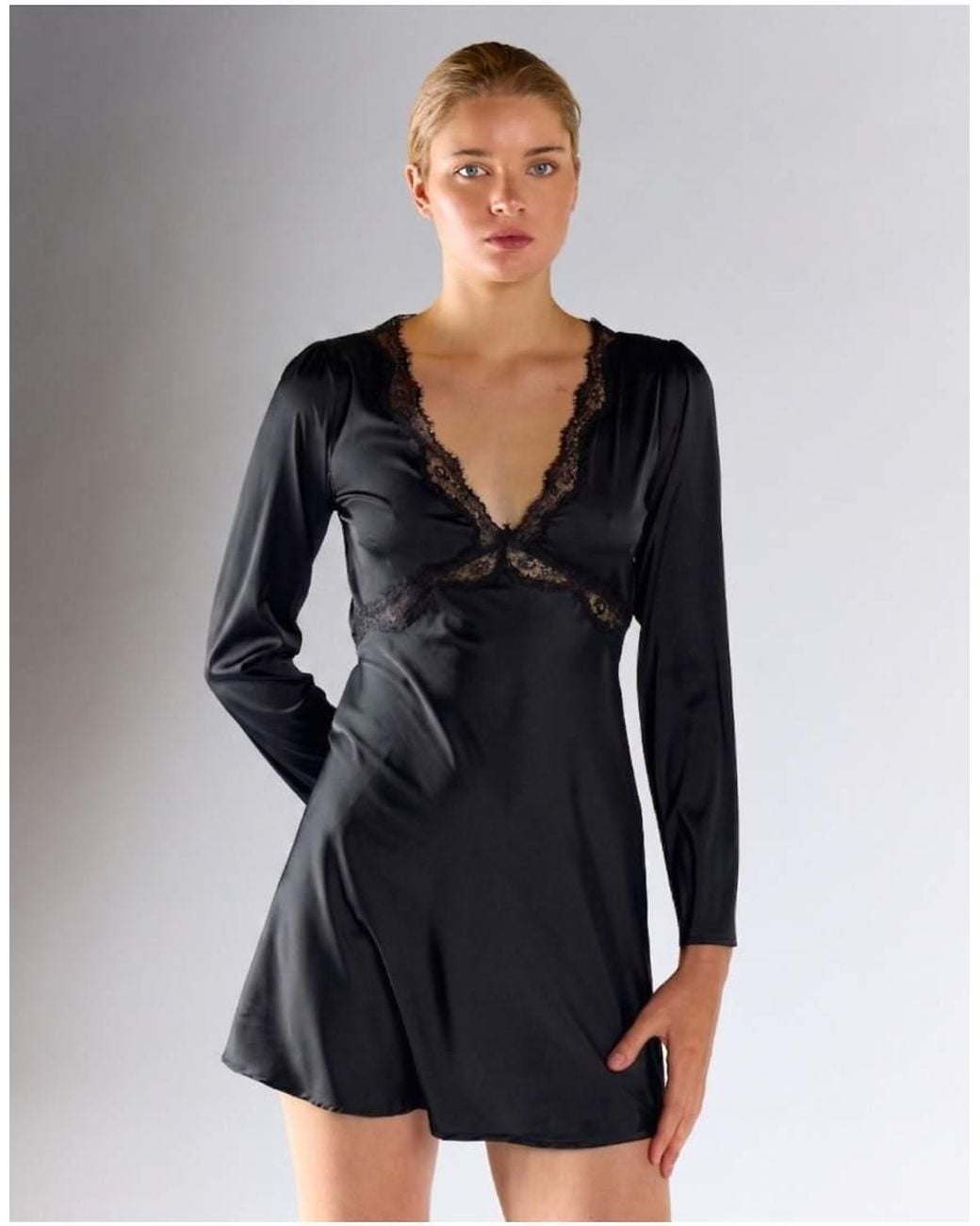 Glamorous Blue Lace Trim Long Sleeve Mini Dress