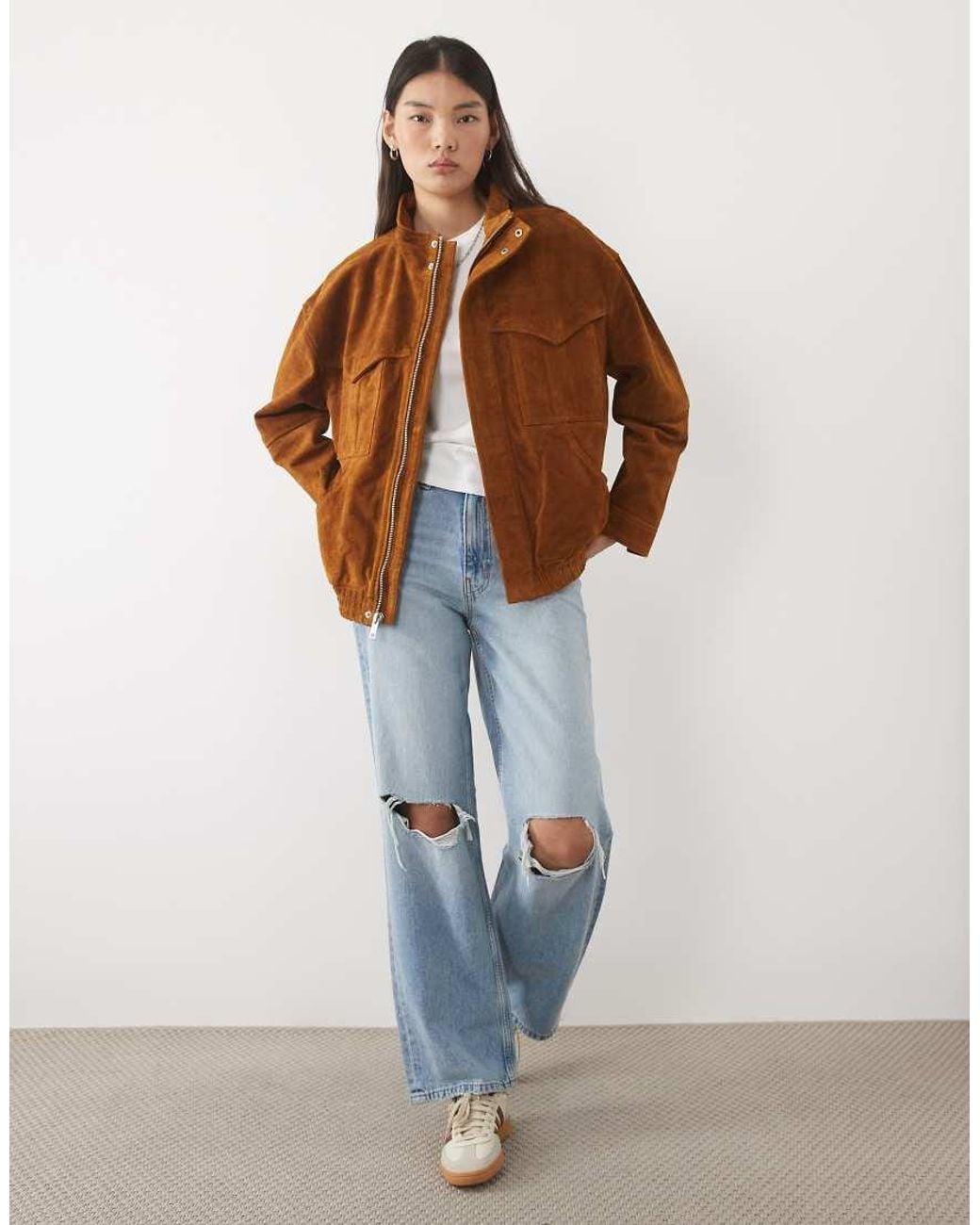 Barney's Originals Brown Real Suede Funnel Neck Bomber Jacket