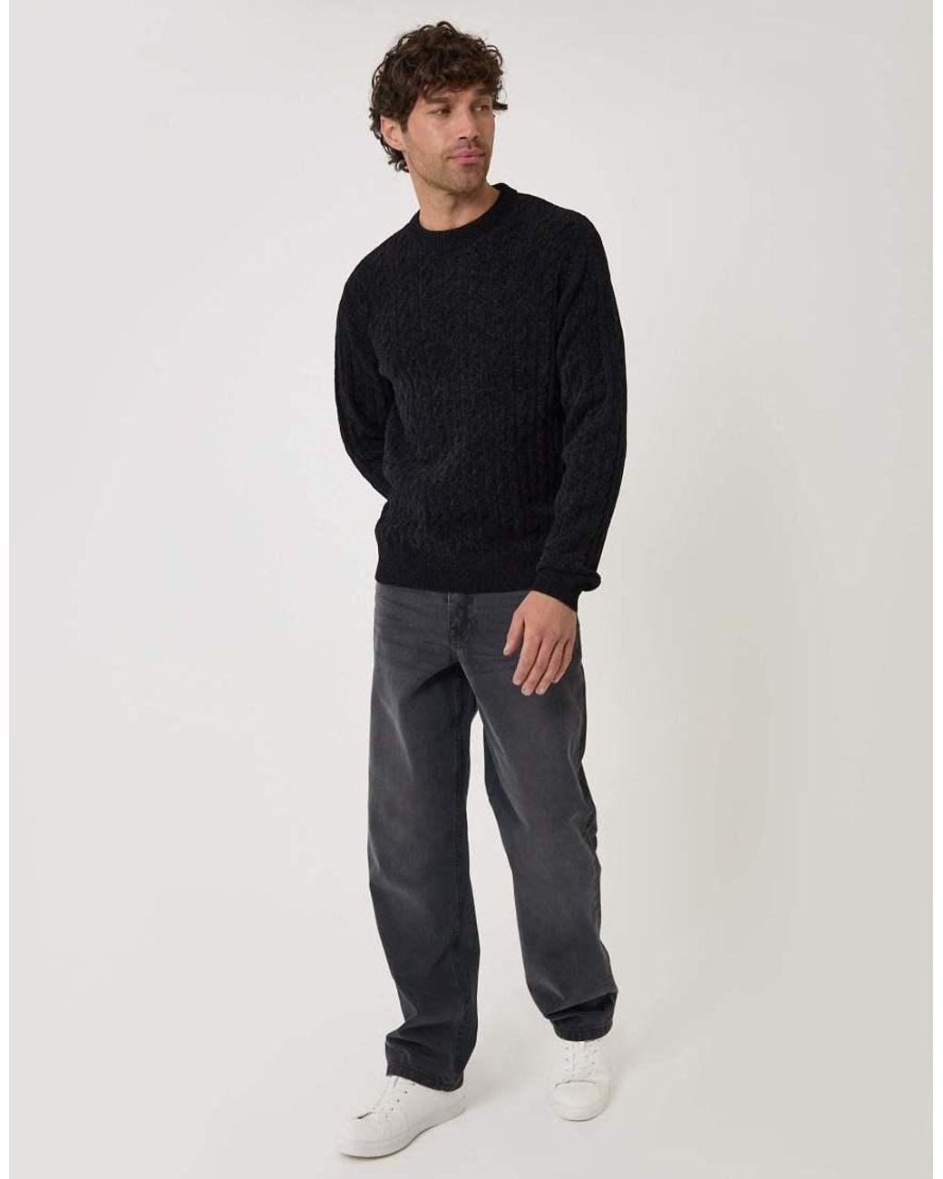 Threadbare Black Fluffy Cable Knit Crew Neck Jumper for men