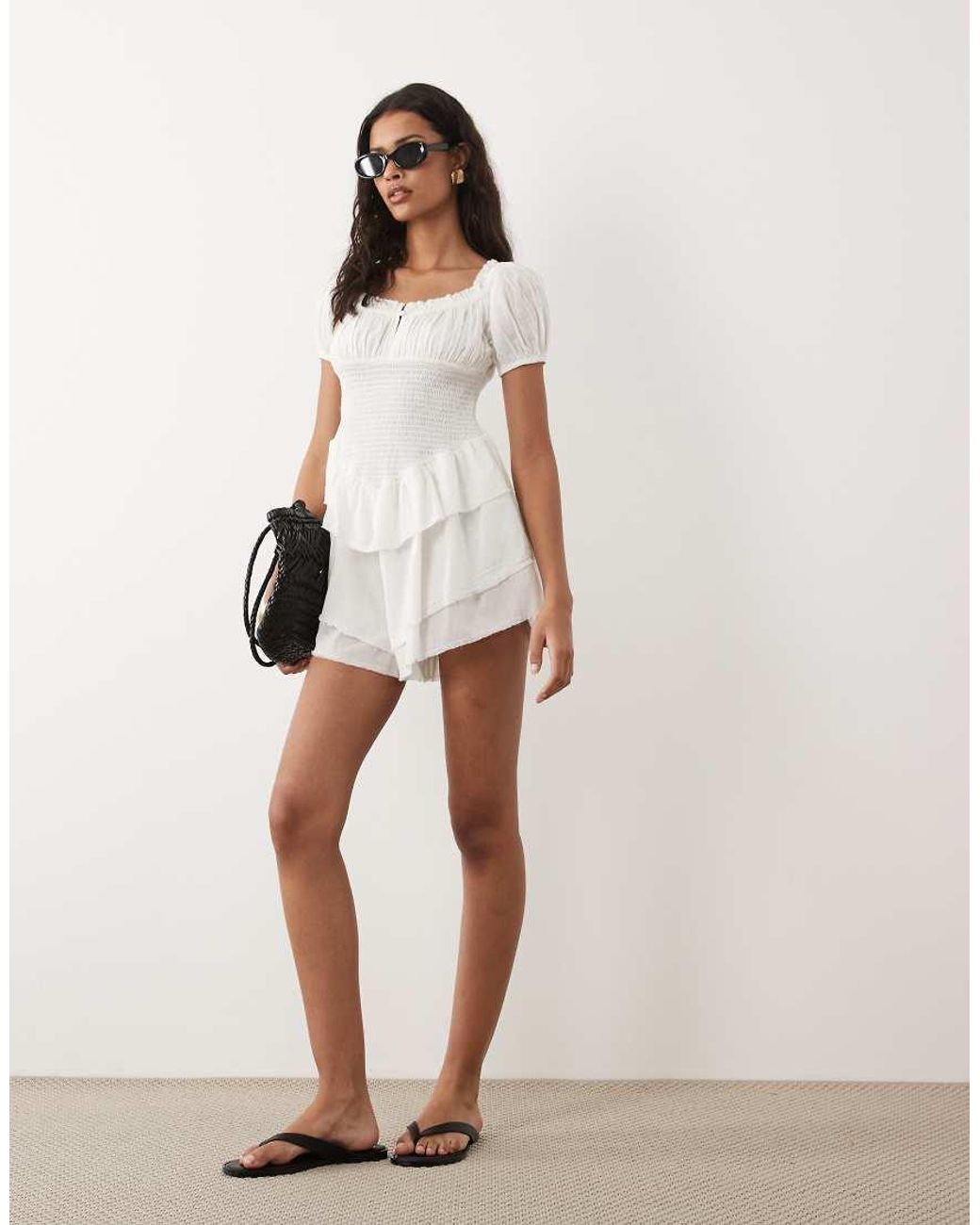 ASOS White Shirred Playsuit With Ruffle Shorts