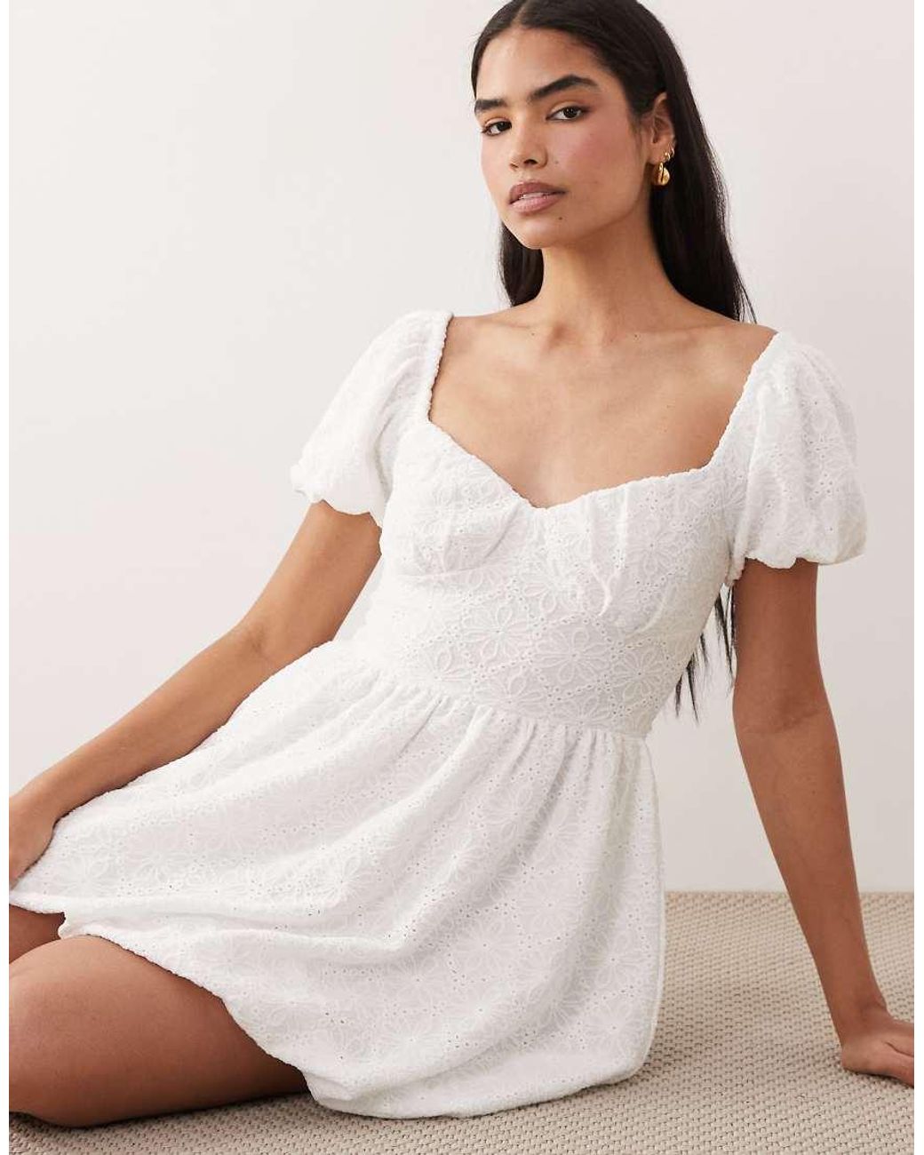 Gina Tricot Natural Puff Short Sleeve Flower Embroidered Mini Dress