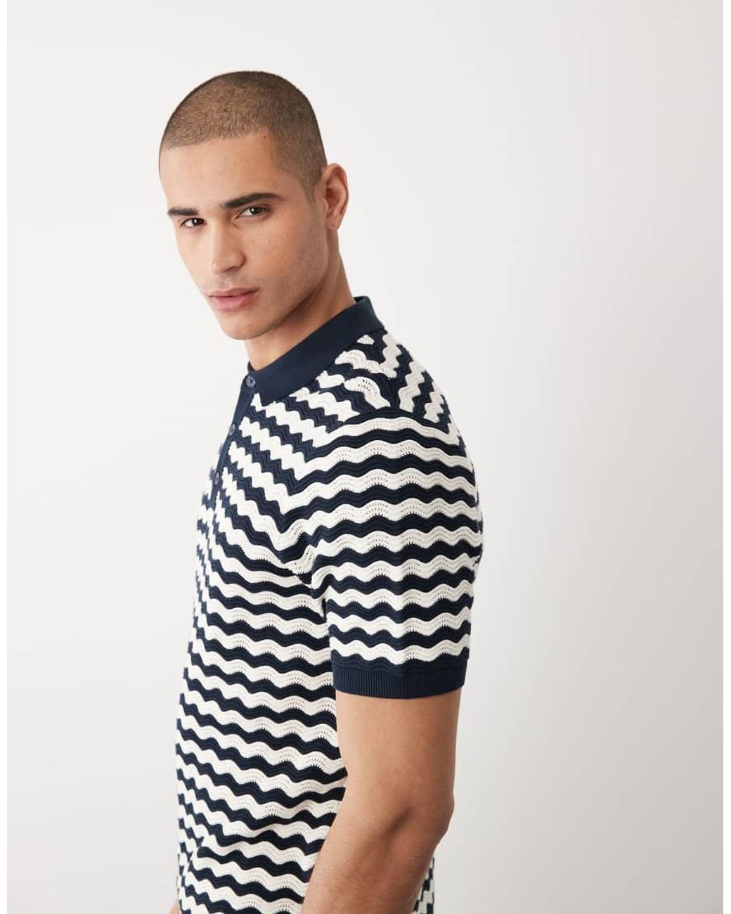 Threadbare Blue Short Sleeve Knitted Polo Top With Zig Zag Print for men