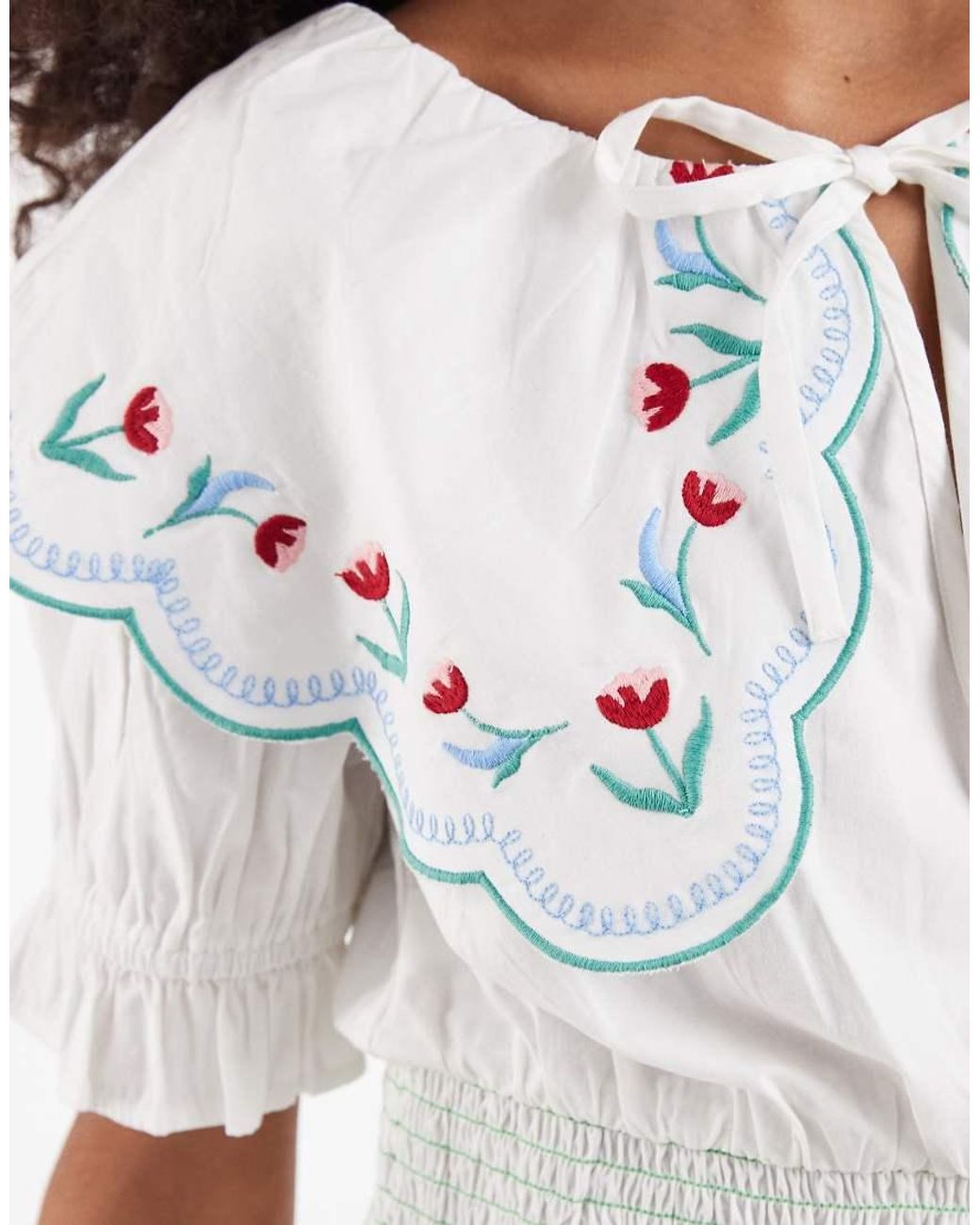 Neon Rose White Floral Collared Short Sleeve Shirred Top