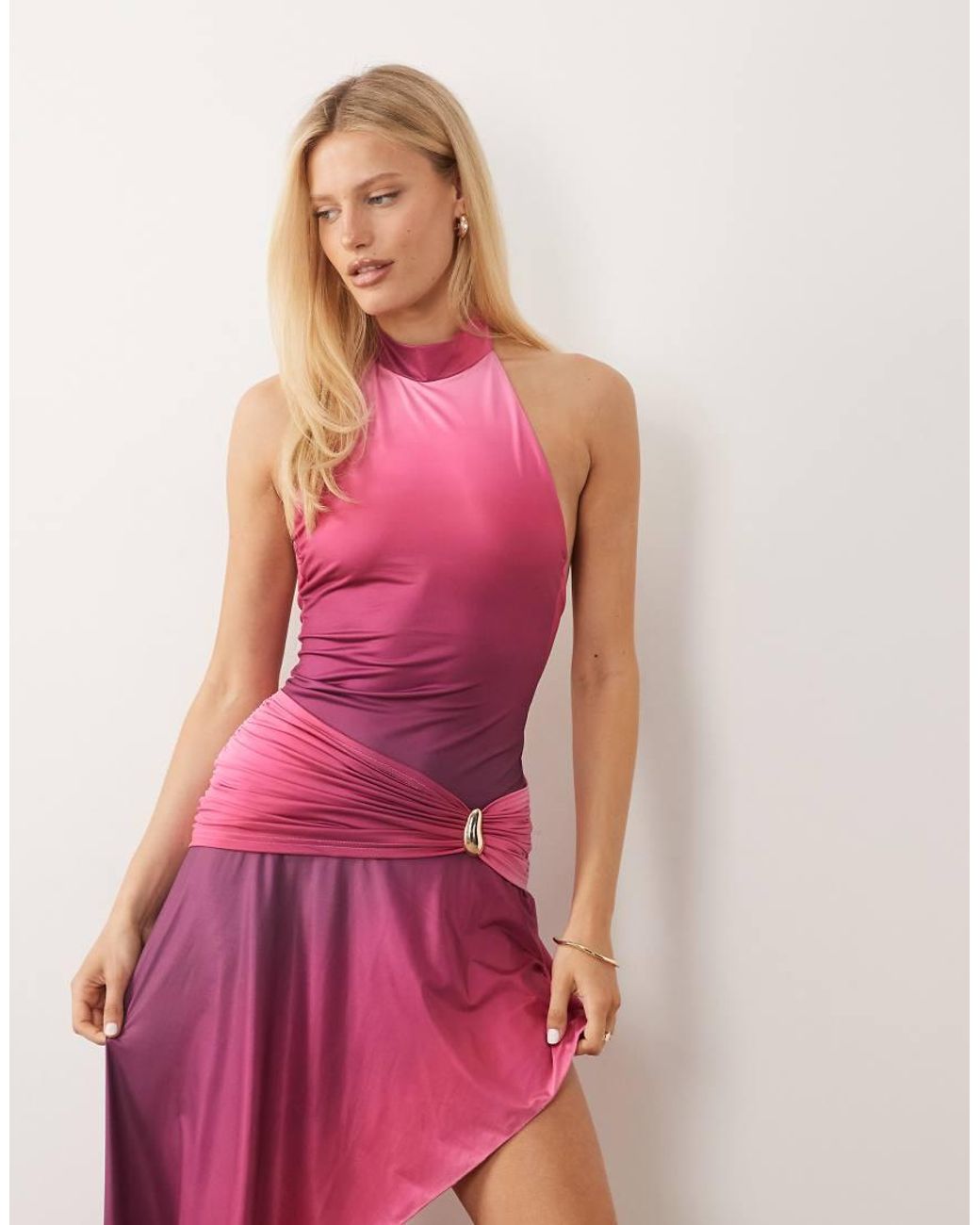 Murci Pink High Neck Gathered Waist Hardware Detail Maxi Dress
