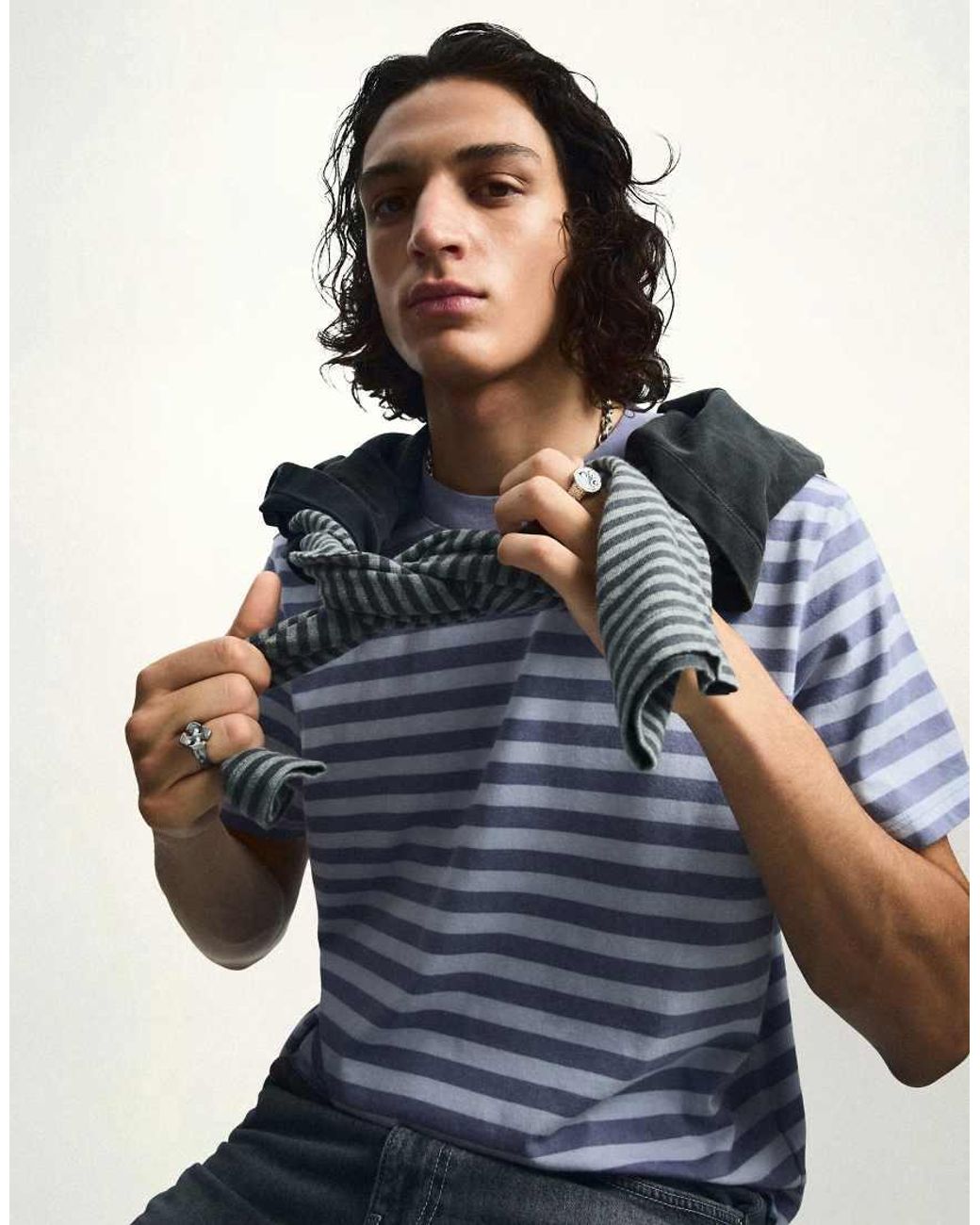 Bershka Blue Washed Stripe Short Sleeve T-Shirt for men