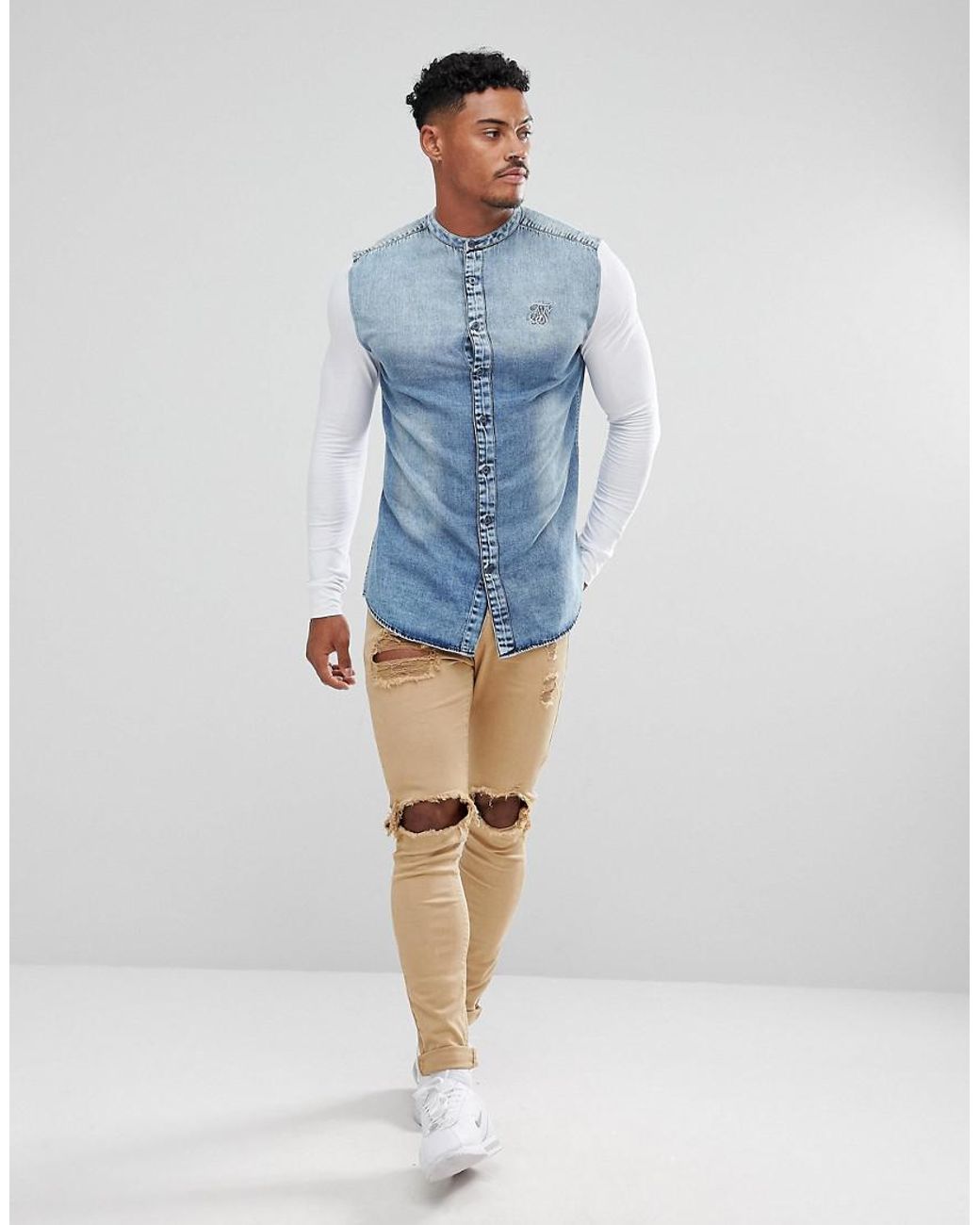 SIKSILK Muscle Denim Shirt In Blue With Jersey Sleeves for Men | Lyst