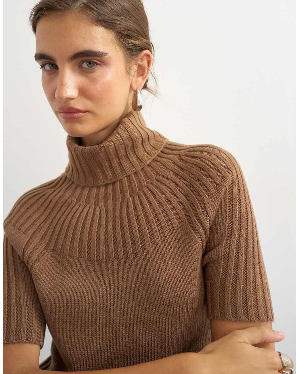 TOPSHOP Brown Knitted Rib Yoke Funnel Neck Top