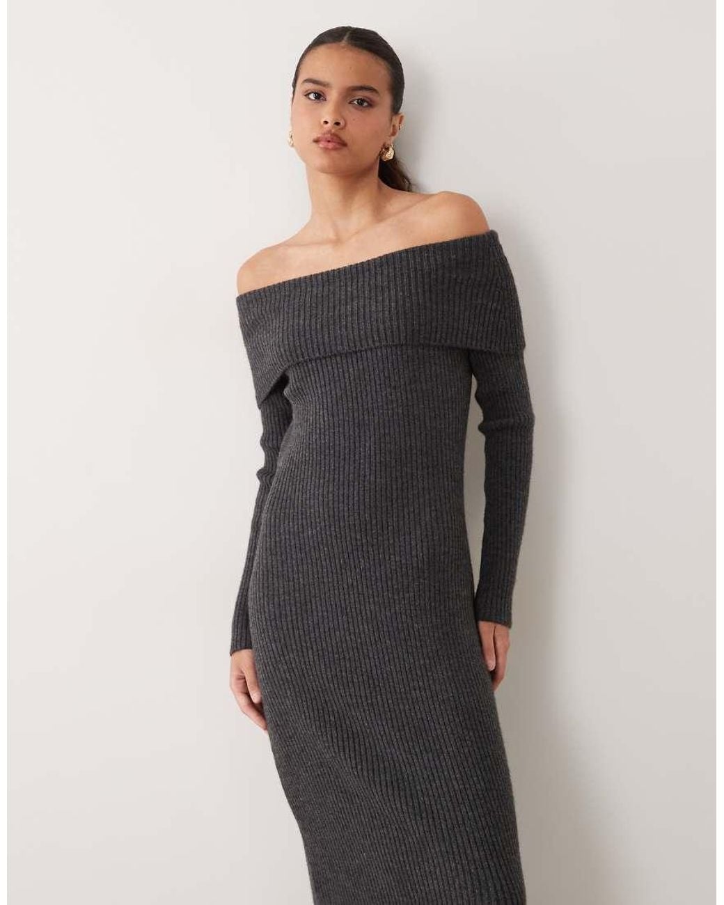 ASOS Gray Open Back Bardot Knitted Midaxi Dress