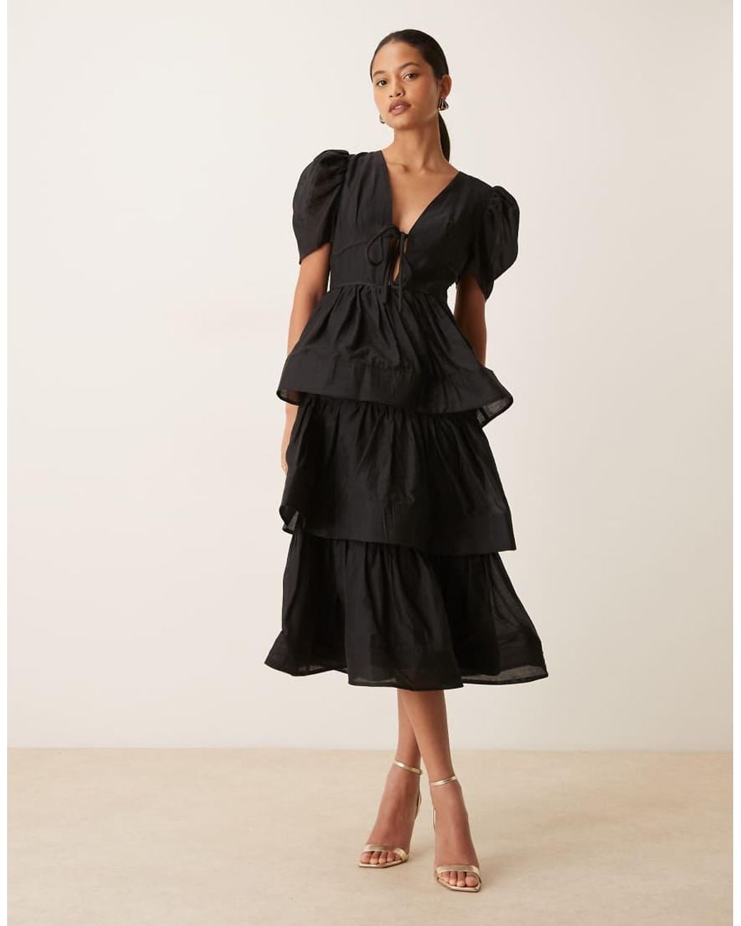 True Decadence Black Tie Front Tiered Maxi Dress