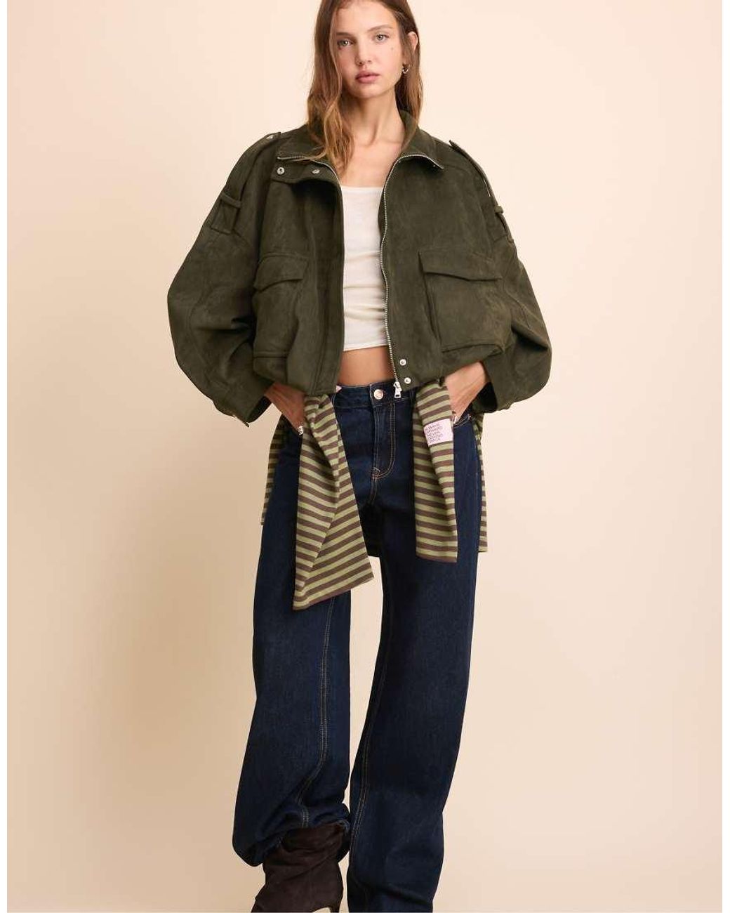 Stradivarius Green Oversize Faux Suede Jacket