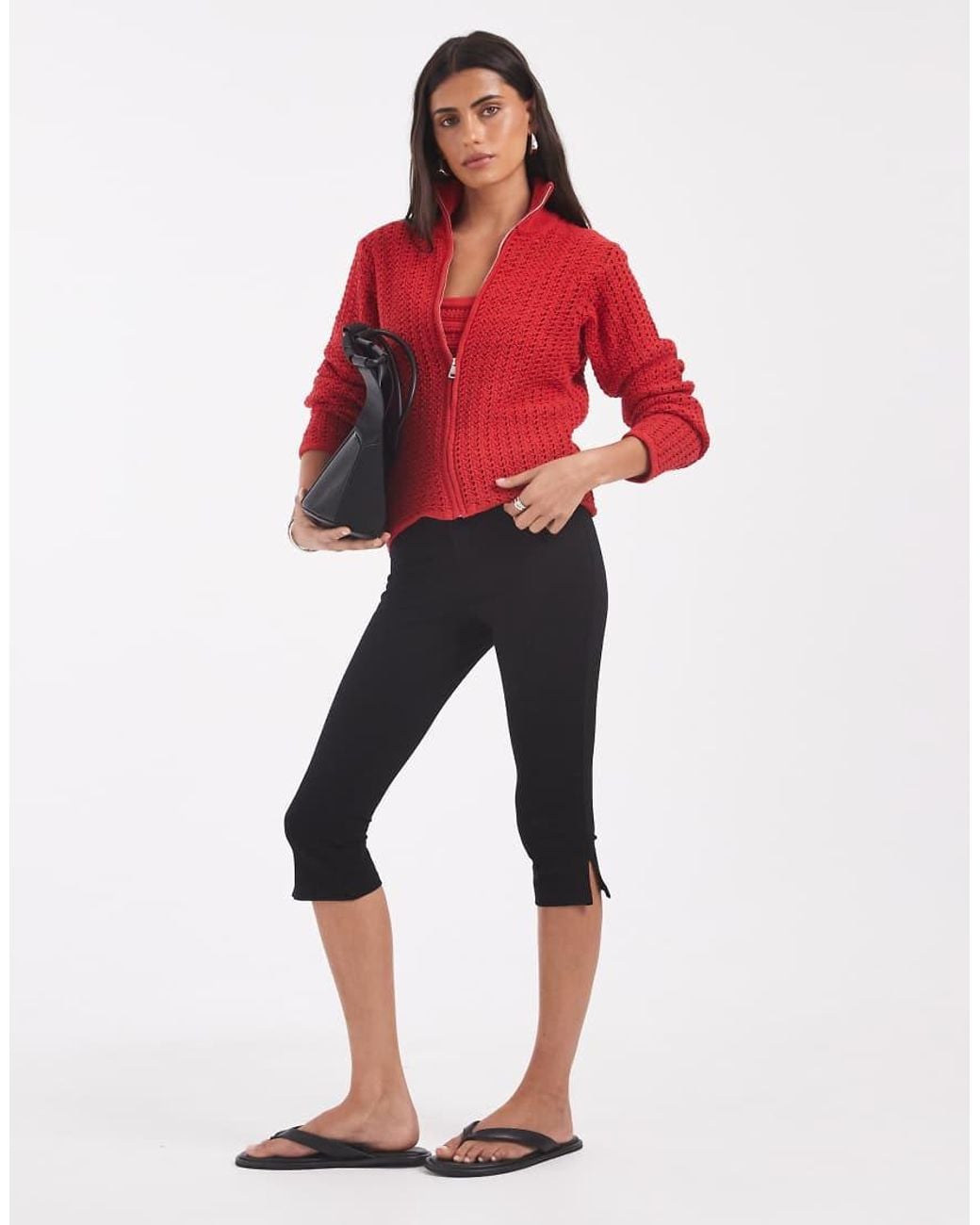 ASOS Red Crochet Knit Funnel Neck Zip Up Jacket