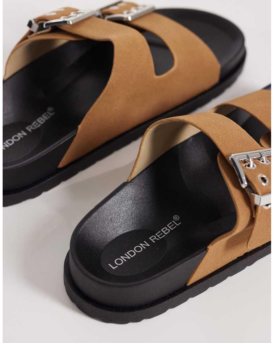 London Rebel Brown Morgan Double Buckle Flat Sandals