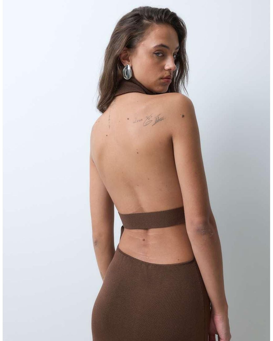 BRONZE SNAKE Brown Halterneck High Neck Maxi Knit Dress
