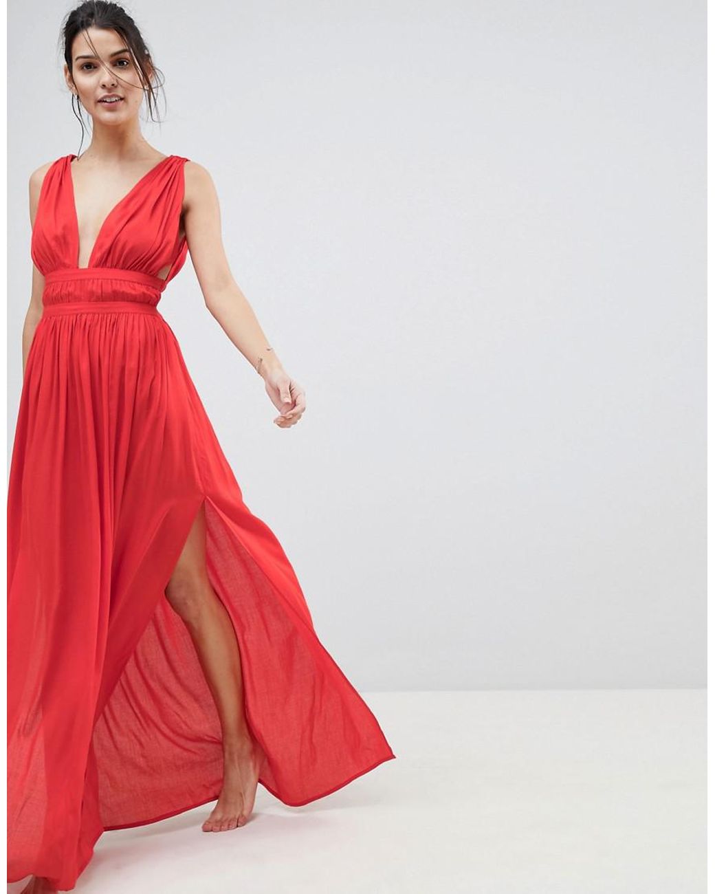 ASOS Grecian Plunge Maxi Woven Beach Dress in Red | Lyst