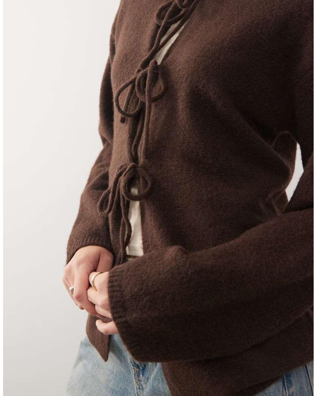 Monki Brown Knit Bow Tie Up Cardigan