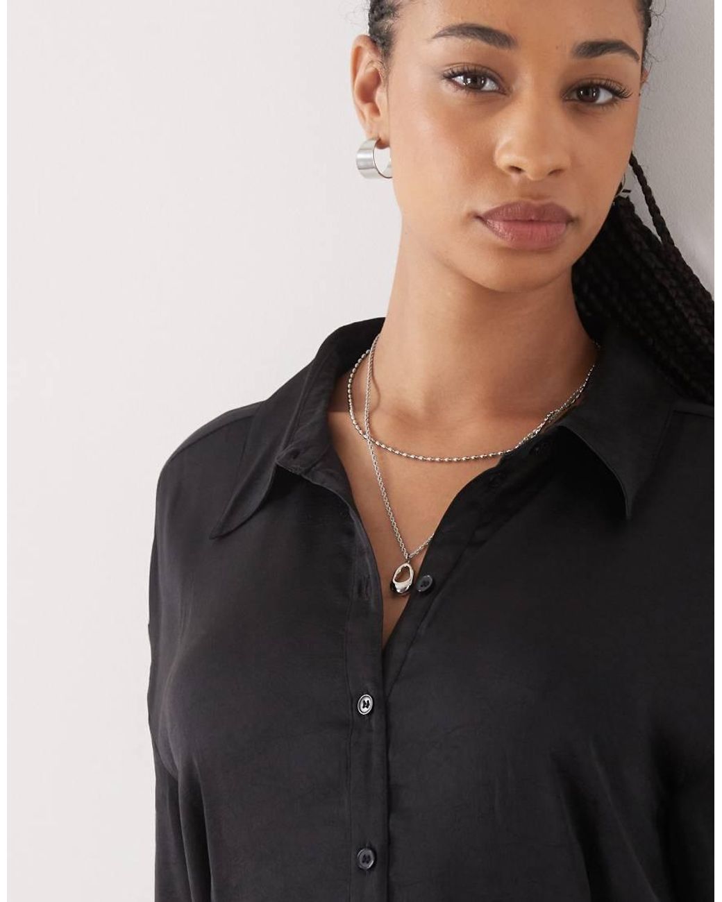 Monki Black Long Sleeve Crinkle Satin Shirt Dress With Floaty Skirt
