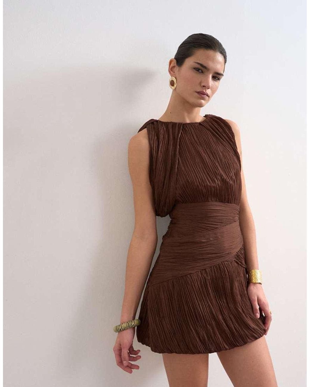 TOPSHOP Brown Sculptural Drape Mini Dress