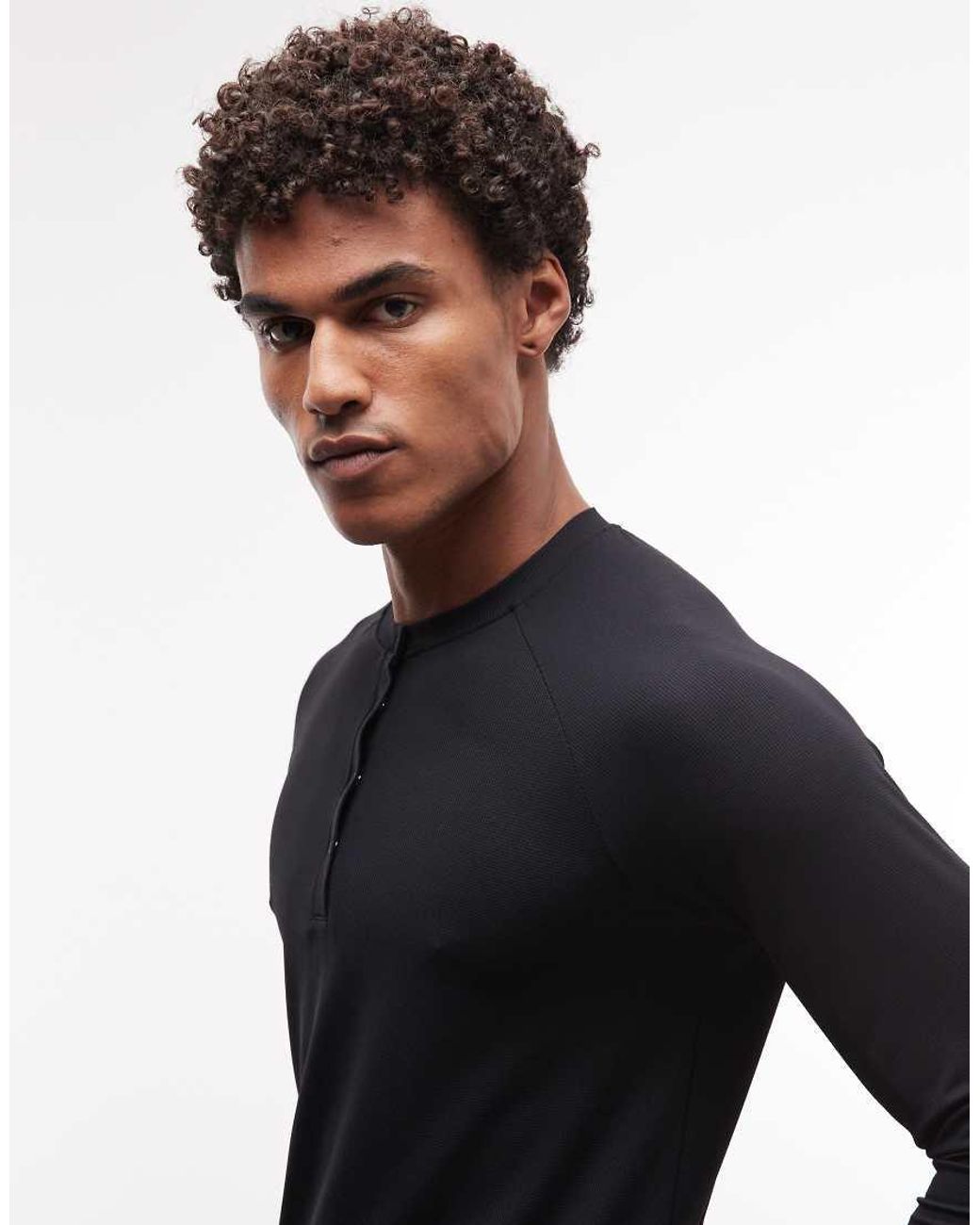 4505 Black Lightweight Performance Waffle Henley Long Sleeve With Quick Dry for men