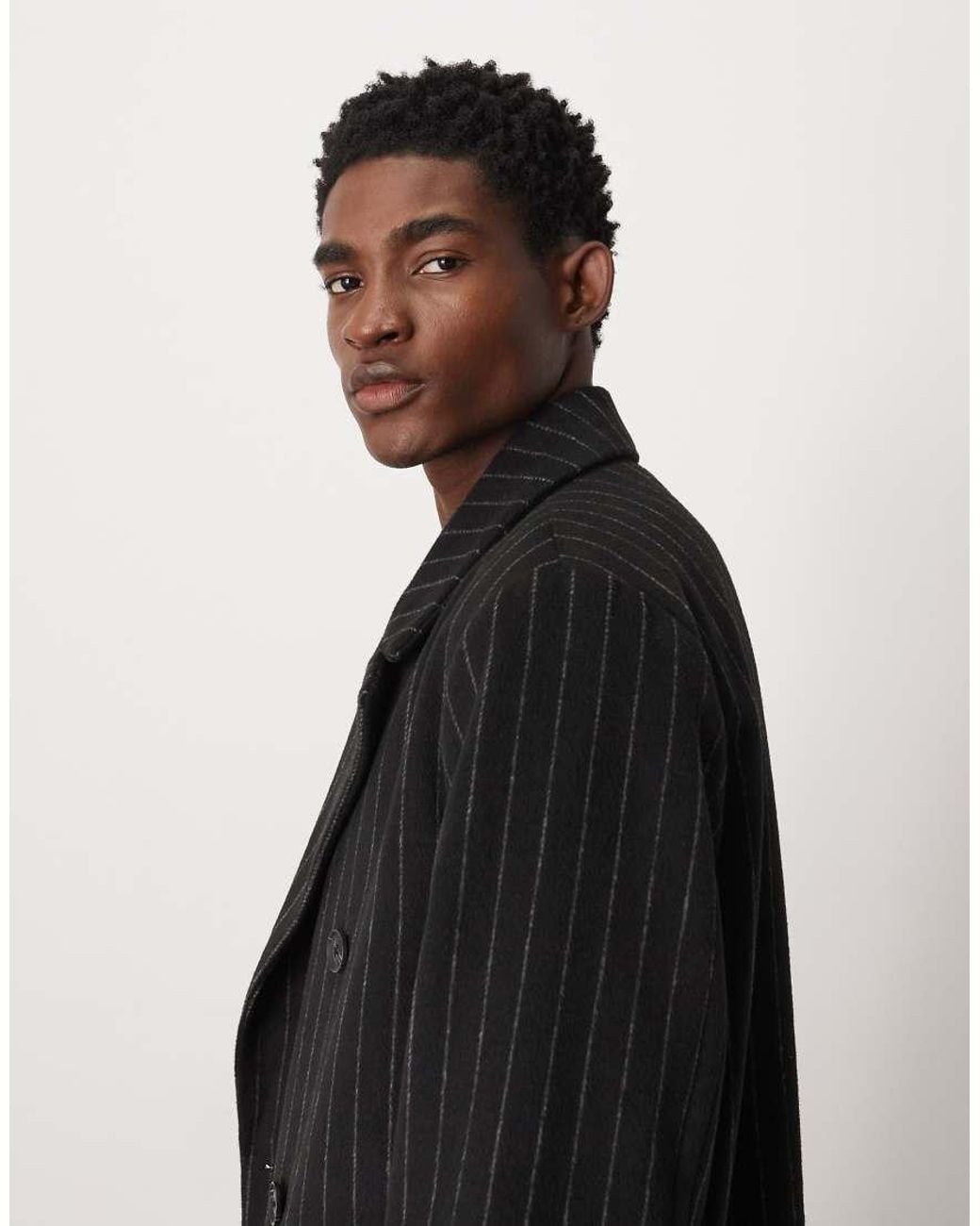 ASOS Black Pinstripe Wool Look Oversized Longline Coat for men