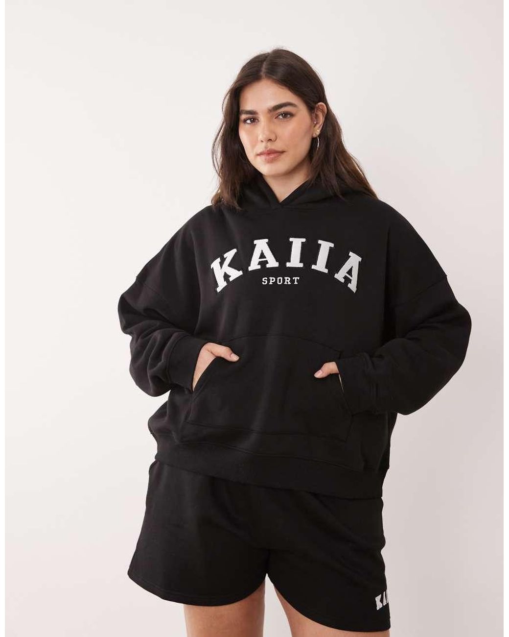 Kaiia Black Plus Cotton Blend Sport Embroidered Logo Oversized Hoodie Co-ord
