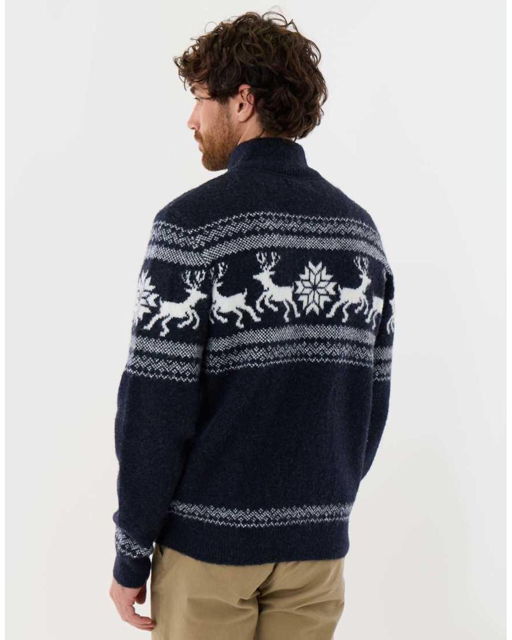 Threadbare Blue Fairisle Knitted Quarter Zip Christmas Jumper for men