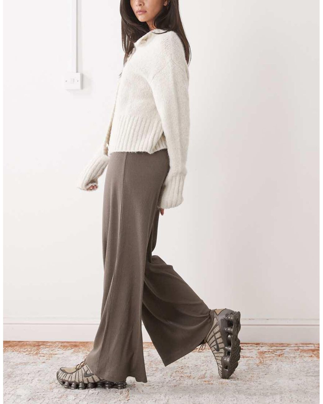 Noisy May Natural Ribbed Wide Leg Trouser